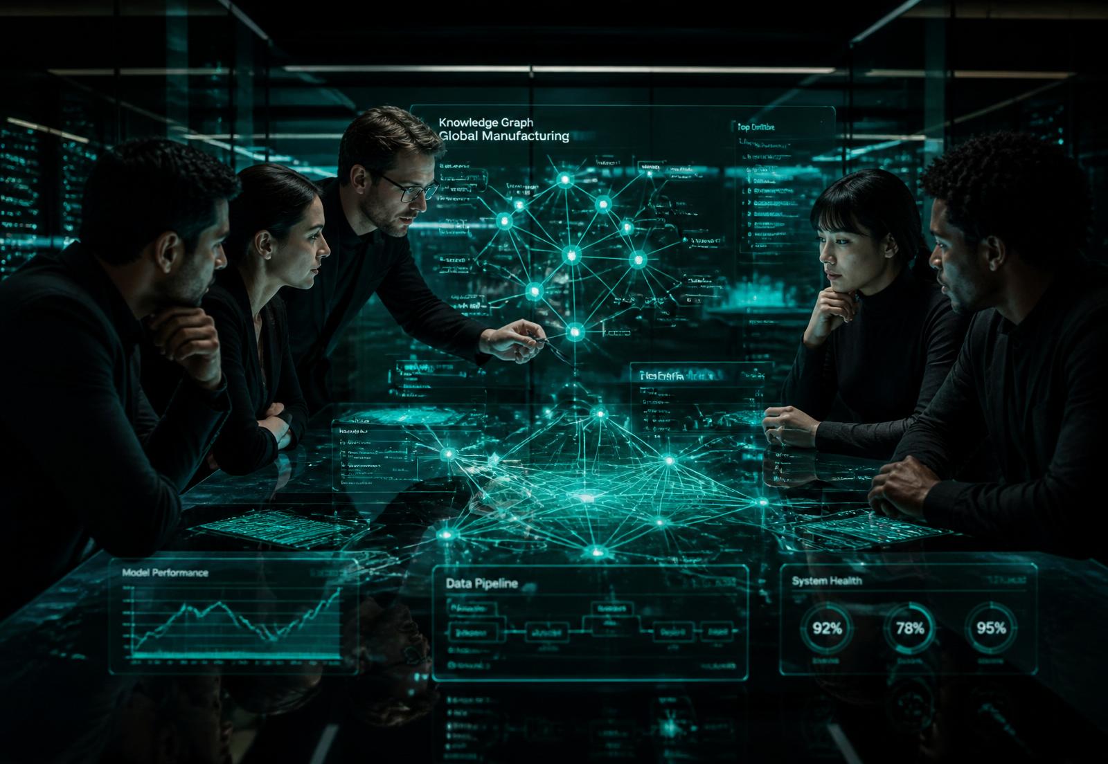 Cross-disciplinary AI-fluent team collaborating around a holographic knowledge graph