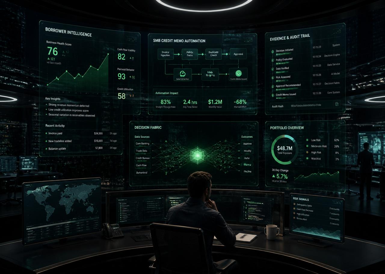 Intelligent banking operations: borrower graphs, credit memos, evidence trails, and decision fabric