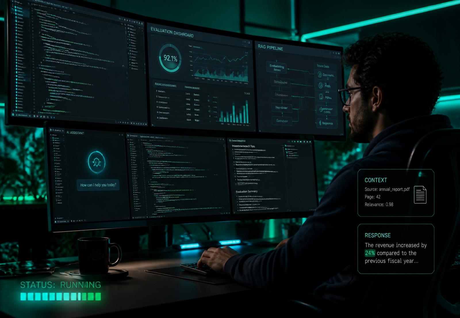 AI-fluent engineer pair-programming with an AI assistant against evaluation dashboards