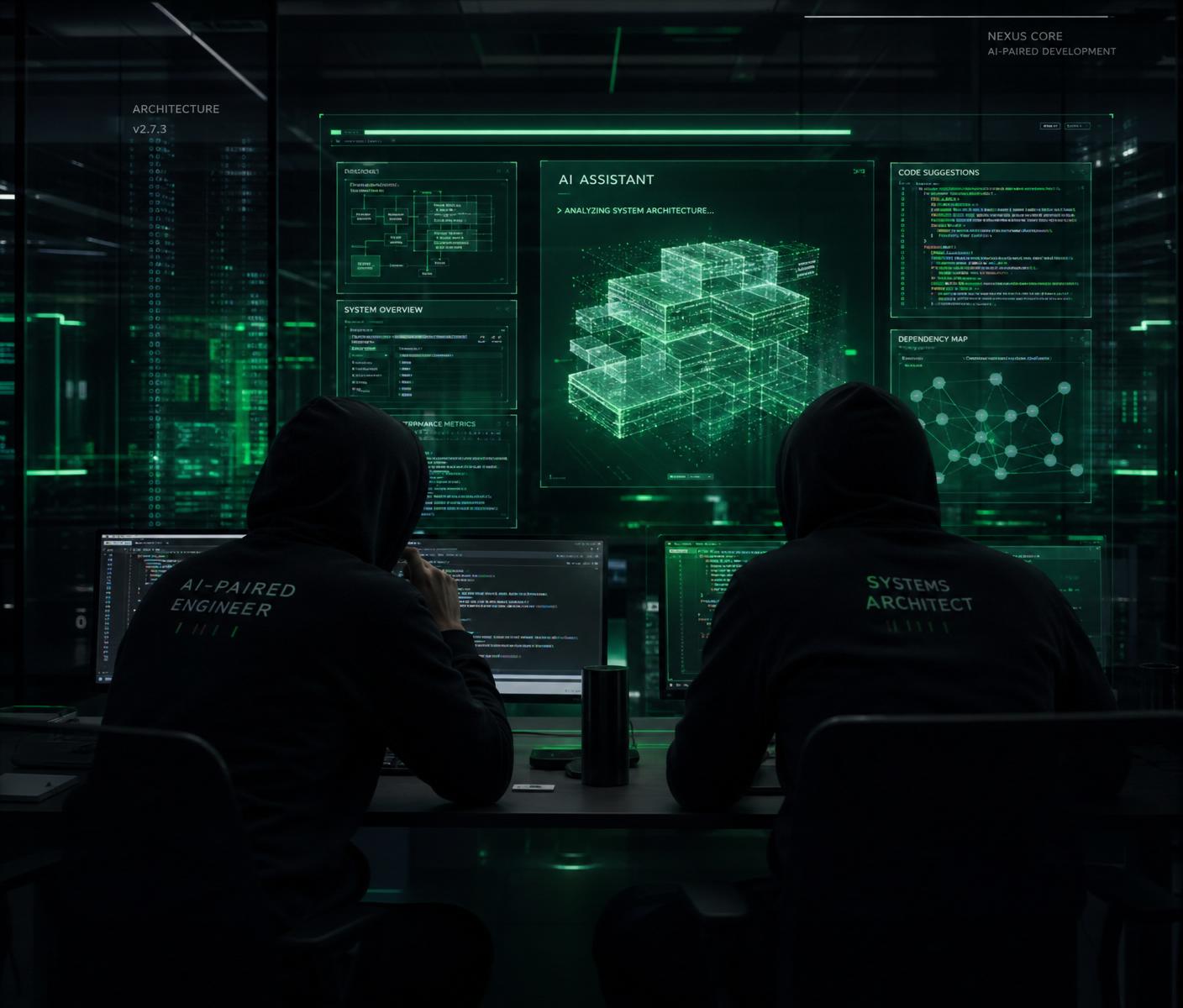 AI-paired engineering team collaborating in a modern innovation lab